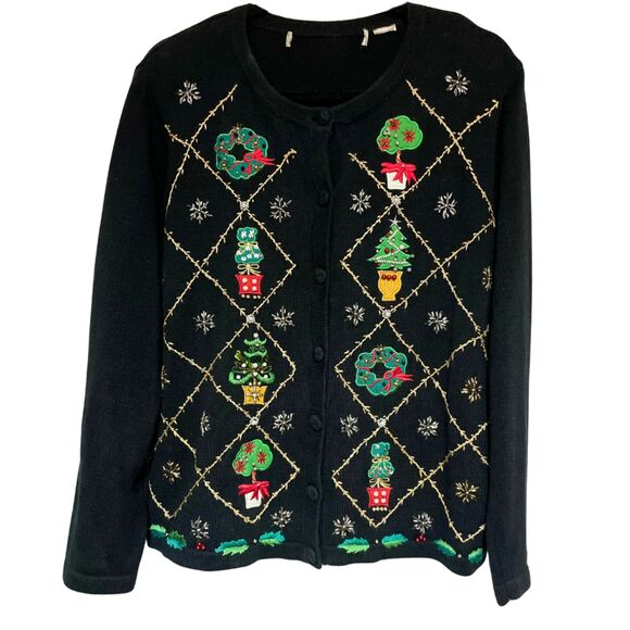 OHI Vintage Black Christmas Holiday Knit Cardigan Sweater Embroidered Beaded - Picture 10 of 13